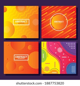 four set colors memphis abstract backgrounds with circles and rectangles vector illustration design