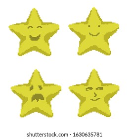 four set of emoticon star pixel art illustration, smiling star pixel art, haunted star pixel art, laughing star pixel art