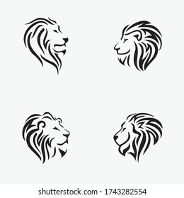 four set of Lion Head illustration, Black And White, Vector Logo Design, 
Template and emblem