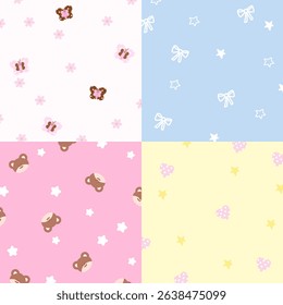 Four set of pastel background designs with butterfly, flower, ribbon, star, teddy bear, heart for wallpaper, backdrop, ad template, frame, paper design, social media post, poster, sticky note, notepad