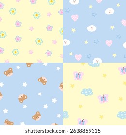 Four set of pastel background designs with butterfly, flower, cloud, star, teddy bear, heart for wallpaper, backdrop, ad template, frame, paper design, social media post, poster, sticky note, notepad