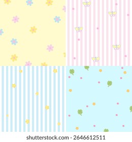 Four set of pastel background designs with butterfly, flower, clover leaf, star for wallpaper, backdrop, ad template, frame, paper design, social media, poster, sticky note, notepad, floral print