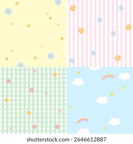 Quatro conjunto de projetos de fundo pastel com flor, arco-íris, nuvem para papel de parede, pano de fundo, modelo do anúncio, quadro, design de papel, mídias sociais, cartaz, nota adesiva, bloco de notas, impressão floral