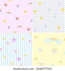 Quatro conjunto de projetos de fundo pastel com ursinho de pelúcia, arco-íris, borboleta, flor para papel de parede, fundo, e modelo, quadro, design de papel, mídia social, cartaz, nota adesiva, bloco de notas, impressão floral