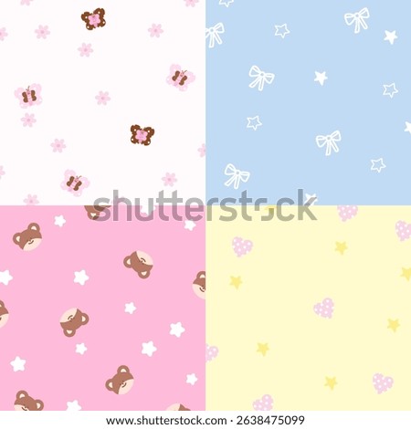 Four set of pastel background designs with butterfly, flower, ribbon, star, teddy bear, heart for wallpaper, backdrop, ad template, frame, paper design, social media post, poster, sticky note, notepad