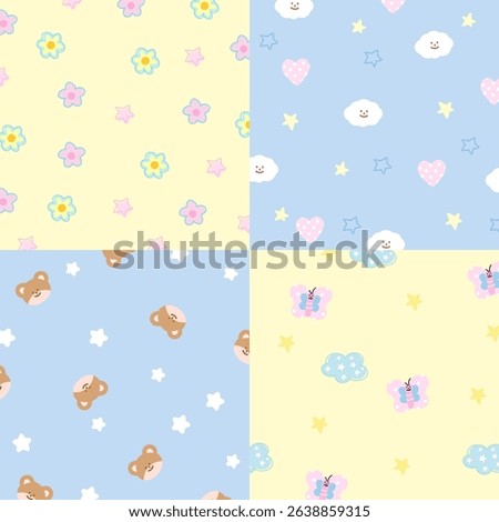 Four set of pastel background designs with butterfly, flower, cloud, star, teddy bear, heart for wallpaper, backdrop, ad template, frame, paper design, social media post, poster, sticky note, notepad