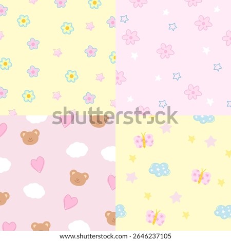 Four set of pastel background designs with butterfly, flower, teddy bear, heart, cloud for wallpaper, backdrop, ad template, frame, paper design, social media post, poster, sticky note, notepad