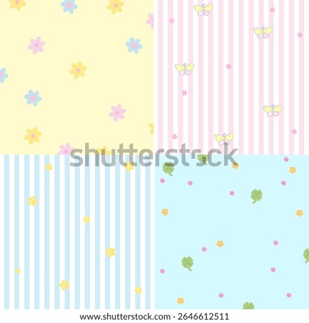 Four set of pastel background designs with butterfly, flower, clover leaf, star for wallpaper, backdrop, ad template, frame, paper design, social media, poster, sticky note, notepad, floral print