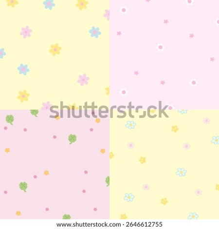 Four set of pastel background designs with flower, clover leaf for wallpaper, backdrop, ad template, frame, paper design, social media post, poster, sticky note, notepad, floral print