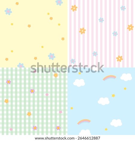 Four set of pastel background designs with flower, rainbow, cloud for wallpaper, backdrop, ad template, frame, paper design, social media, poster, sticky note, notepad, floral print
