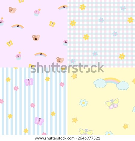 Four set of pastel background designs with teddy bear, rainbow, butterfly, flower for wallpaper, backdrop, ad template, frame, paper design, social media, poster, sticky note, notepad, floral print