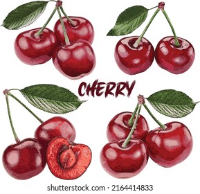 Four set of Red Cherry with leaf