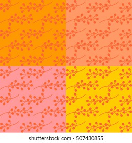 Four set of seamless repeating pattern with branches on colourful background. Autumn tiling background, poster, textile, greeting card design.
