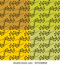 Four set of seamless repeating pattern with branches on colourful background. Autumn tiling background, poster, textile, greeting card design.