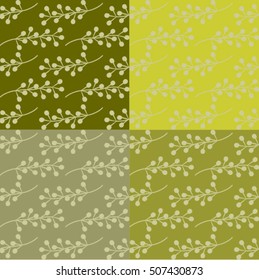 Four set of seamless repeating pattern with branches on colourful background. Autumn tiling background, poster, textile, greeting card design.