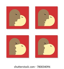 Four set variants of square postcards for the St. Valentine’s Day with hearts, made of faces of a male and a female in a kiss; red background 