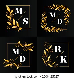 Four set wedding monogram design with elegan gold floral ornament