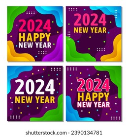 four sets of 2024 new year social media post template designs with abstract style purple color background.