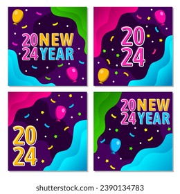 four sets of 2024 new year social media post template designs with abstract style purple color background.