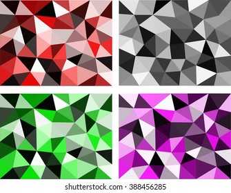 Four sets of abstract colorful geometric low poly background - red, gray, green and pink.