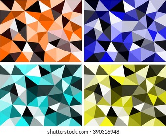 Four sets of abstract colorful geometric low poly background - orange, blue, cyan and yellow
