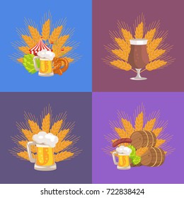 Four sets of beer presentation vector illustration on blue, purple and dark-pink including glass of beer, ear of wheat, hop, barrels and snacks.
