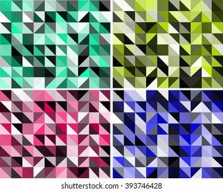 Four sets of blue, bluish-green, olive and pink-red abstract multicolored geometric polygonal background