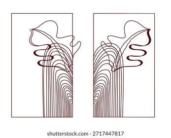 Quatro conjuntos de papéis de parede boêmios com motivos de folha. Ilustrações de arte abstratas com um tema de natureza. Um conceito boêmio para paredes e interiores.