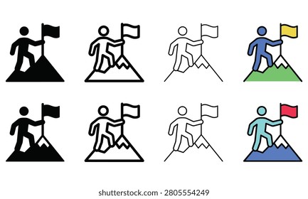 Four sets of icon variations showing a figure standing on a mountaintop holding a flag aloft symbolizing goals