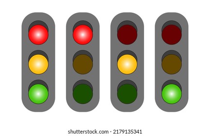 Four Sets Of LED Traffic Lights Indicate Red, Yellow Or Green Lights. All Light Up