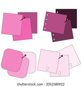 Cuatro juegos de notas de papel pinchado de diferente color. Etiqueta de la nota de vista superior con conjunto de vectores de pines