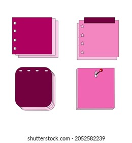 Four sets of pinned paper notes. Top view note sticker with pins vector set
