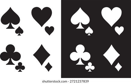 Se muestran cuatro Conjuntos de palos de cartas en blanco y negro sobre negro, adecuados para juegos y juegos de azar.