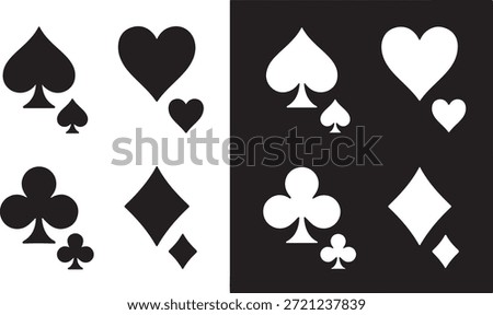Four sets of playing card suits shown in both black on white and white on black, suitable for games and gambling themes.