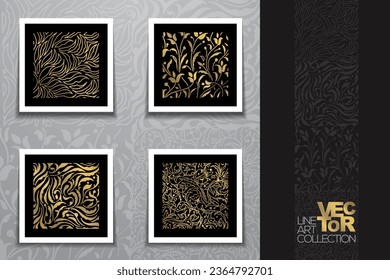 Cuatro juegos de líneas de oro brillante sobre fondo negro. Hermosa textura de mano y dorada para papel pintado, banner, impresiones, cubiertas, arte de pared, decoración casera, tarjeta, tela e ilustración.