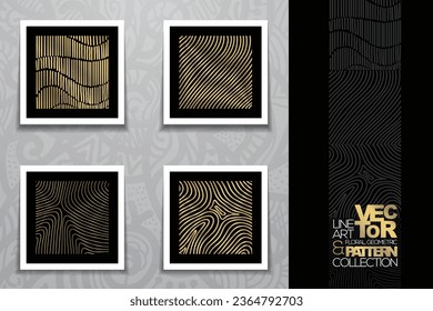 Cuatro juegos de líneas de oro brillante sobre fondo negro. Hermosa textura de mano y dorada para papel pintado, banner, impresiones, cubiertas, arte de pared, decoración casera, tarjeta, tela e ilustración.