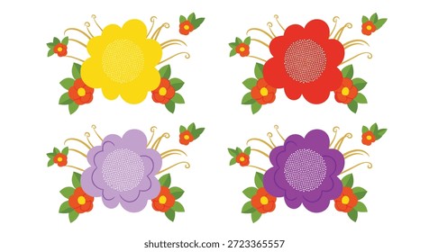 Quatro conjuntos de flores estilizadas em amarelo, vermelho, roxo claro e roxo escuro arranjadas com flores e folhas de laranja menores.