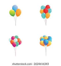 Vier Sätze lebendiger, mehrfarbiger Ballons in verschiedenen Anordnungen einzeln auf Weiß
