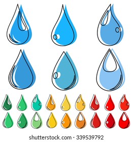 Four sets of water drops in various colors. Flat design
