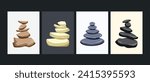 Four sets of zen spa stone rocks stacks vector illustration bundle wall art prints isolated on horizontal dark background. Simple flat spa and calming themed cartoon art styled drawing.