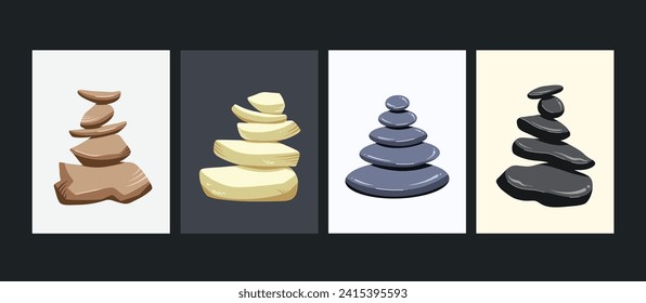 Four sets of zen spa stone rocks stacks vector illustration bundle wall art prints isolated on horizontal dark background. Simple flat spa and calming themed cartoon art styled drawing.