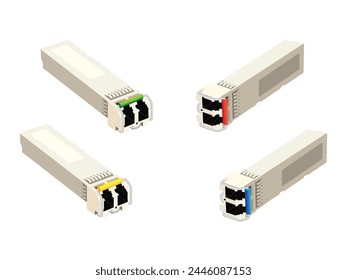 Four SFP Optical Transceiver on white background. Small Form-factor Pluggable.