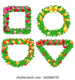 Four shapes of banners with fir frames / There are square, round, semicircular and triangle banners, made from fir and decorated with ribbons, bows and balls
