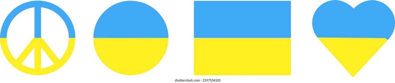 Four shapes in Ukrainian colors. Peace sign, round, Ukrainian flag, heart