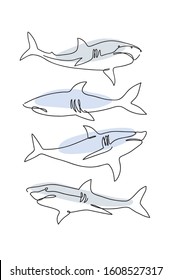 Four sharks are drawn in a continuous thin line.