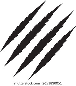 Four sharp claw marks, black silhouette on white background. Ideal for designs needing a fierce, wild, or aggressive aesthetic.