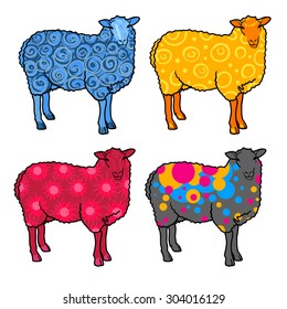 Four sheep abstract: blue, yellow, red, gray on a white background