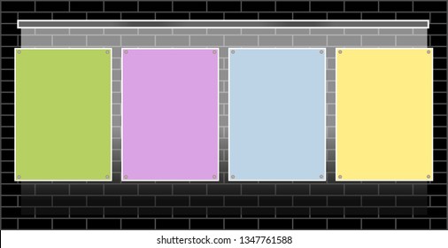 Four sheets with copy space for your text for ads, notes, messages on a brick wall with illumination. Design vector template mock up
