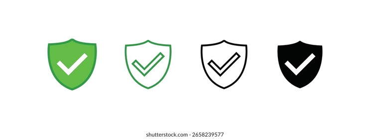 Four shield icons with checkmarks varying in color green black and style solid outlined