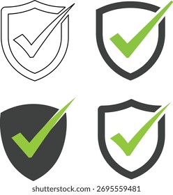 Cuatro iconos de escudo con marcas de verificación verdes en diferentes estilos tick aprobado